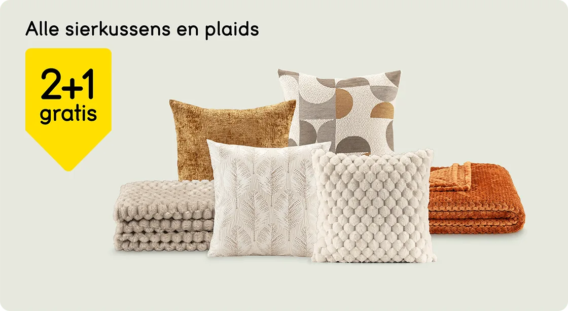 Alle sier- en woonkussens en plaids 2+1 gratis