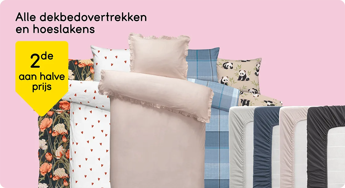 Alle dekbedovertrekken en hoeslakens 2de aan halve prijs 