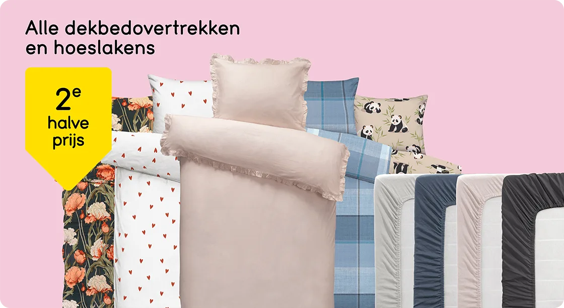 Alle dekbedovertrekken en hoeslakens 2e halve prijs 