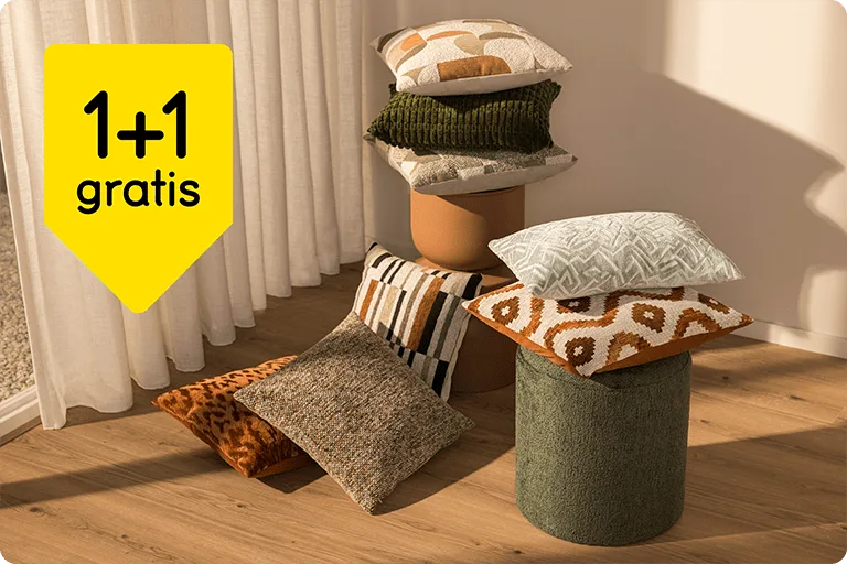 Aanbieding sierkussens en plaids: 1+1 gratis