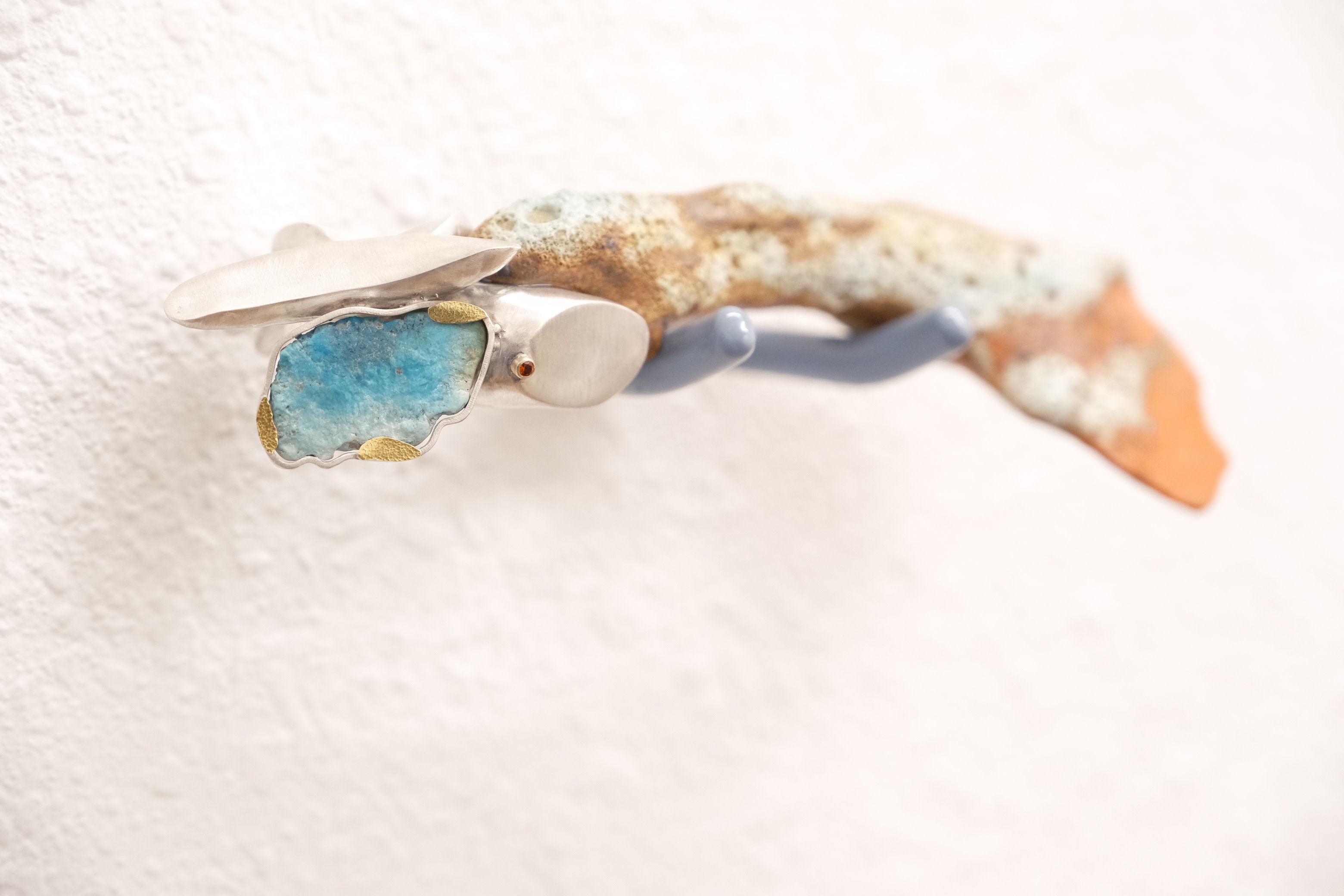 Implant, Sterling Silver, 14 k gold, orange sapphire, raw turquoise, earthenware, ceramic claze