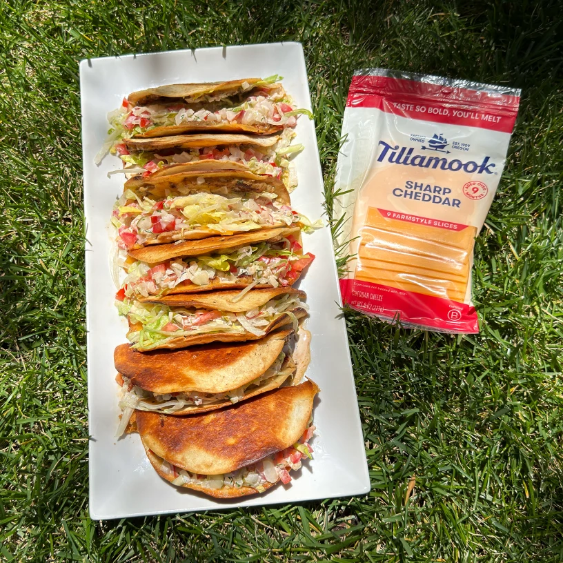 Smashed Chicken Tacos with Tillamook cheddar slices