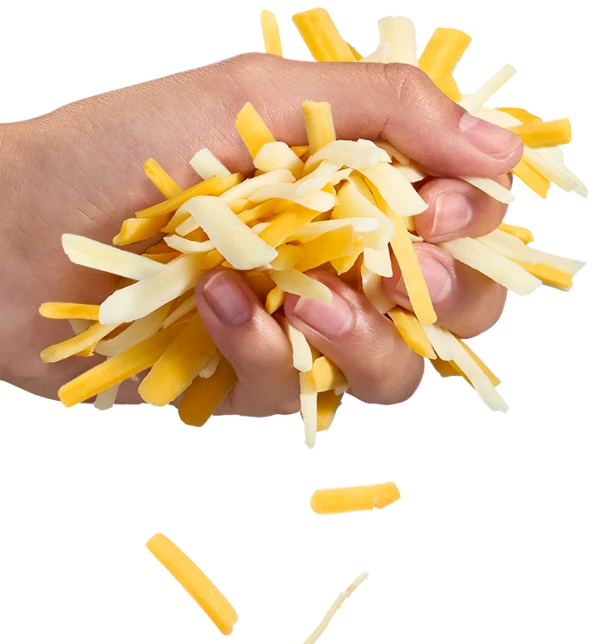 Tillamook Mexican Cheese shreds in hand