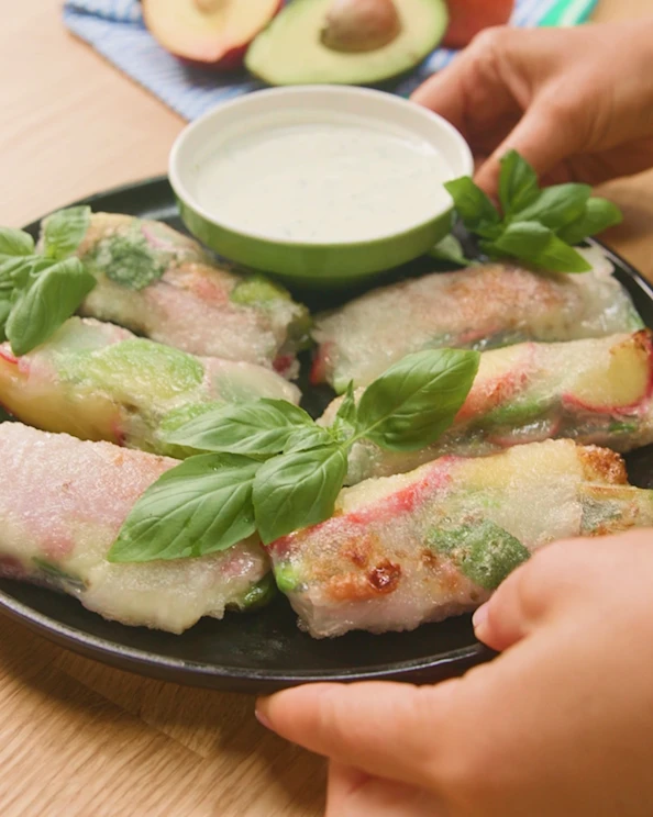 Crispy Peach & Prosciutto Summer Rolls recipe module image mobile