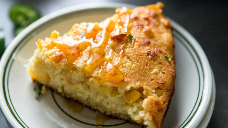 Plate with slice of Tillamook cheese cornbread