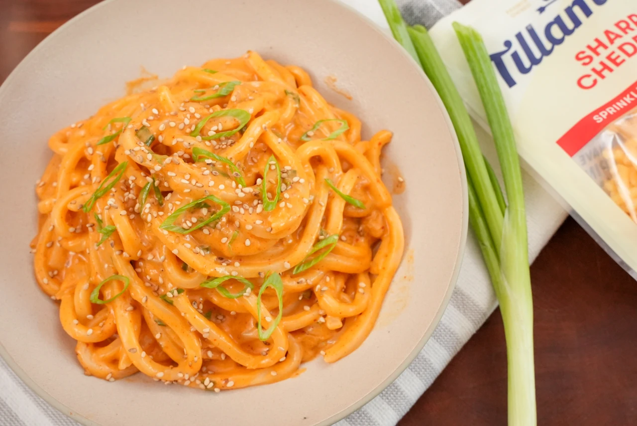 Cheesy Kimchi Udon with Tillamook Sharp Cheddar Shreds