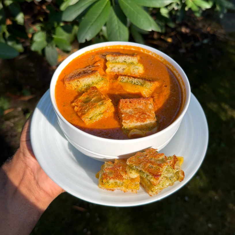 Pesto Grilled Cheese Bites with Tomato Soup