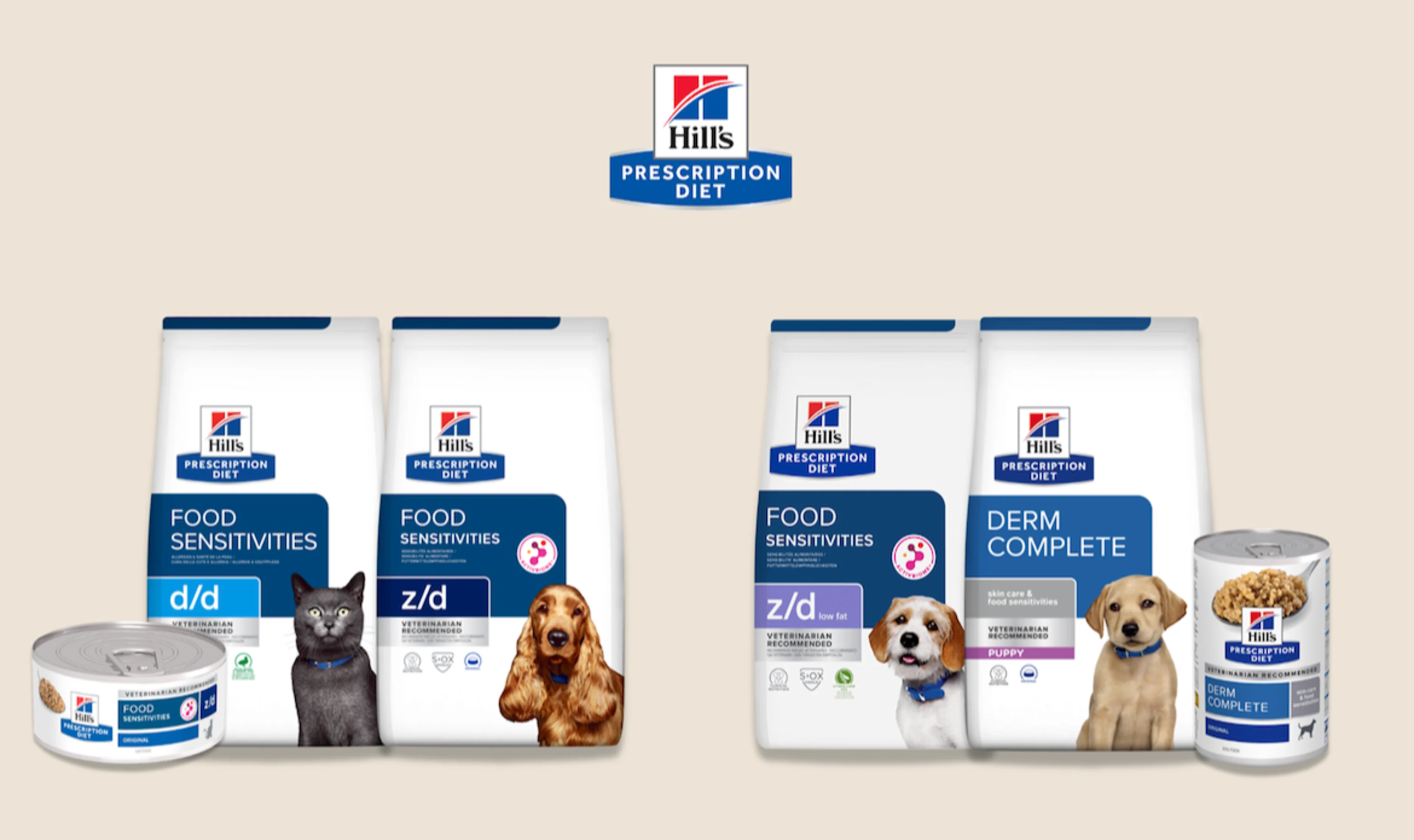 Ein Beispiel ist Hill’s Prescription Diet Trocken- und Nassfutter, erhältlich für Hunde kleiner und grosser Rassen, Welpen und Katzen – mit hydrolysierten Proteinquellen, um unerwünschte Reaktionen auf Futtermittel zu vermeiden.