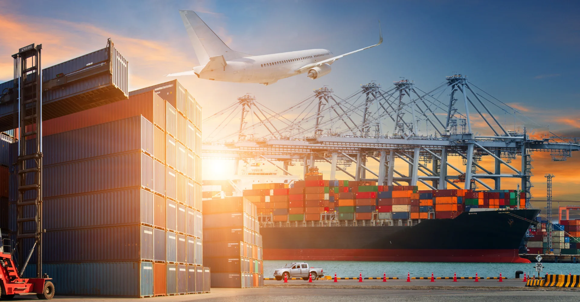 Plane, ship and containers