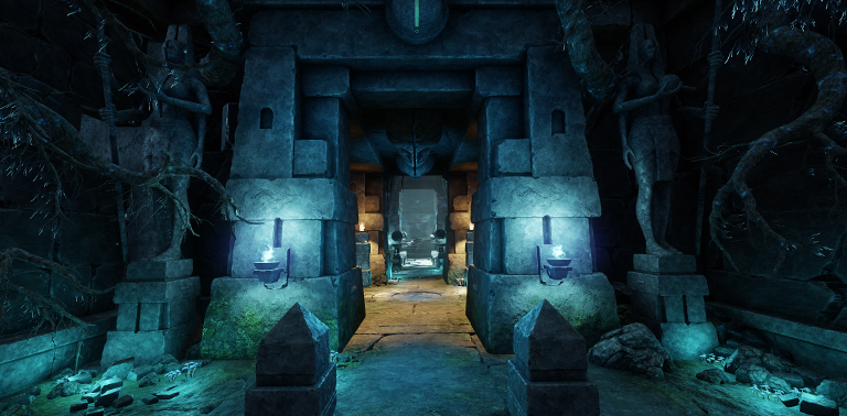 Uno screenshot raffigurante un lungo corridoio senza giocatori o nemici in vista. Il corridoio è realizzato in pietra antica intagliata e illuminato da coni di luce dai toni caldi e freddi. Il corridoio è costeggiato da alberi aggrovigliati.