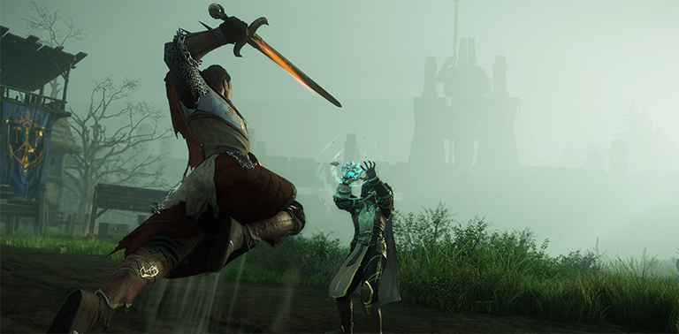 A New World screenshot of two players dueling. The character with their back to the camera wields a sword against a character wearing the new Ice Gauntlet, with which they are casting a spell.