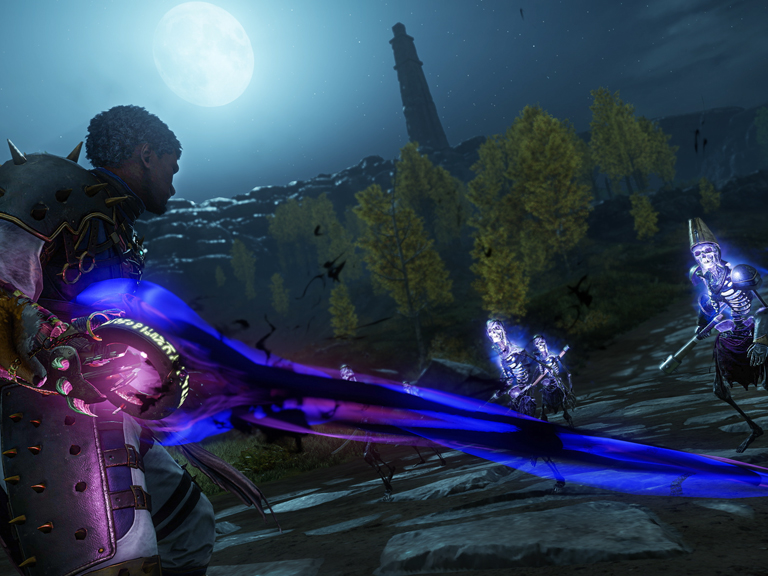 An adventurer wields the voidblade in the face of several ancient guardians.