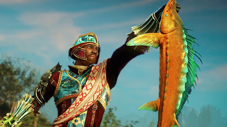 Ein Spieler hält einen riesigen Fisch in die Luft, der gelb und grün ist.