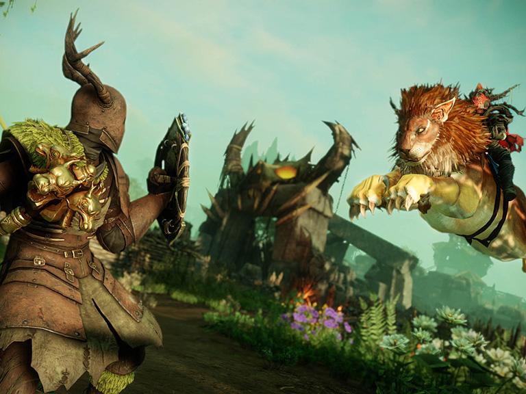 A Lion Mount leaps at an Adventurer wielding a Flail and Shield.