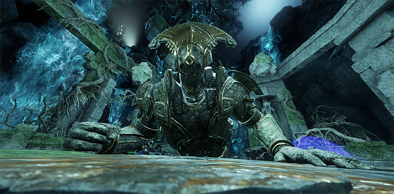 A New World screenshot showing a towering figure made of carved stone. Only their upper body is visible as they lean over a blue-and-green arena with their giant fists on the ground.