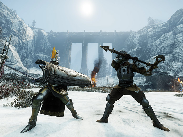 Una captura de pantalla de dos personajes de New World luchando.