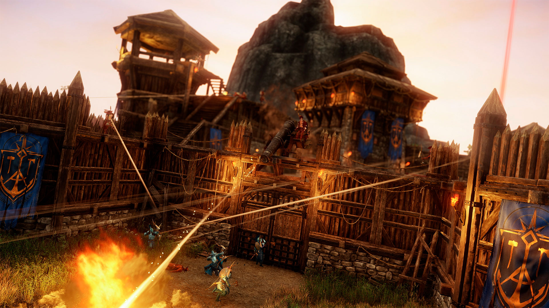 Attackers on the ground and defenders along the fort walls trade volleys during a PvP battle over a fort.