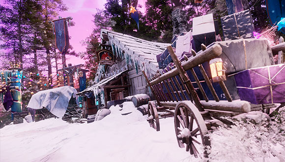 Um povoado de inverno com guirlandas coloridas, um carrinho cheio de presentes e uma estrutura com o telhado coberto de pingente de gelo