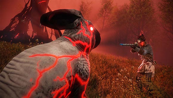 A large corrupted rabbit sits in the foreground/ Glowing red eyes, red streaks through it's skin. An adventurer stands before it with a gun aimed. 