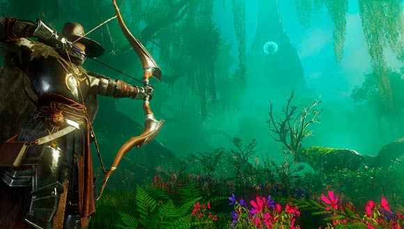 Un cazador se encuentra en el lado izquierdo de la imagen apuntando con un arco largo a una criatura fantástica con aspecto de ciervo formada por plantas. La imagen rebosa verdor y exuberancia.