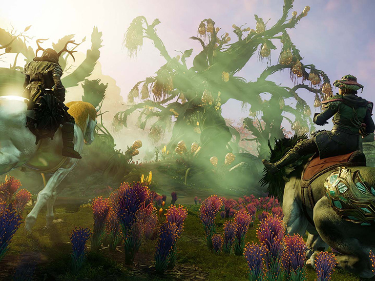 Two Adventurers ride through Elysian Wilds on Mounts, stopping in some unusual red flora.