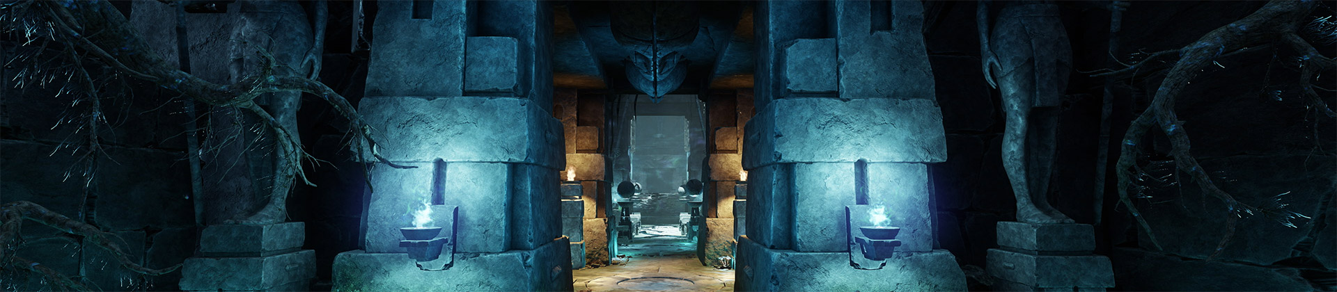 A screenshot of a long hallway with no players or enemies visible. The hallway is made of ancient carved stone and lit by alternating pools of cool and warm light. Gnarled trees frame the hallway.