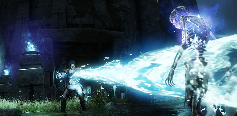 A New World screenshot in which a character wearing the new Ice Gauntlet shoots a beam of blue-white frost at a skeletal enemy.