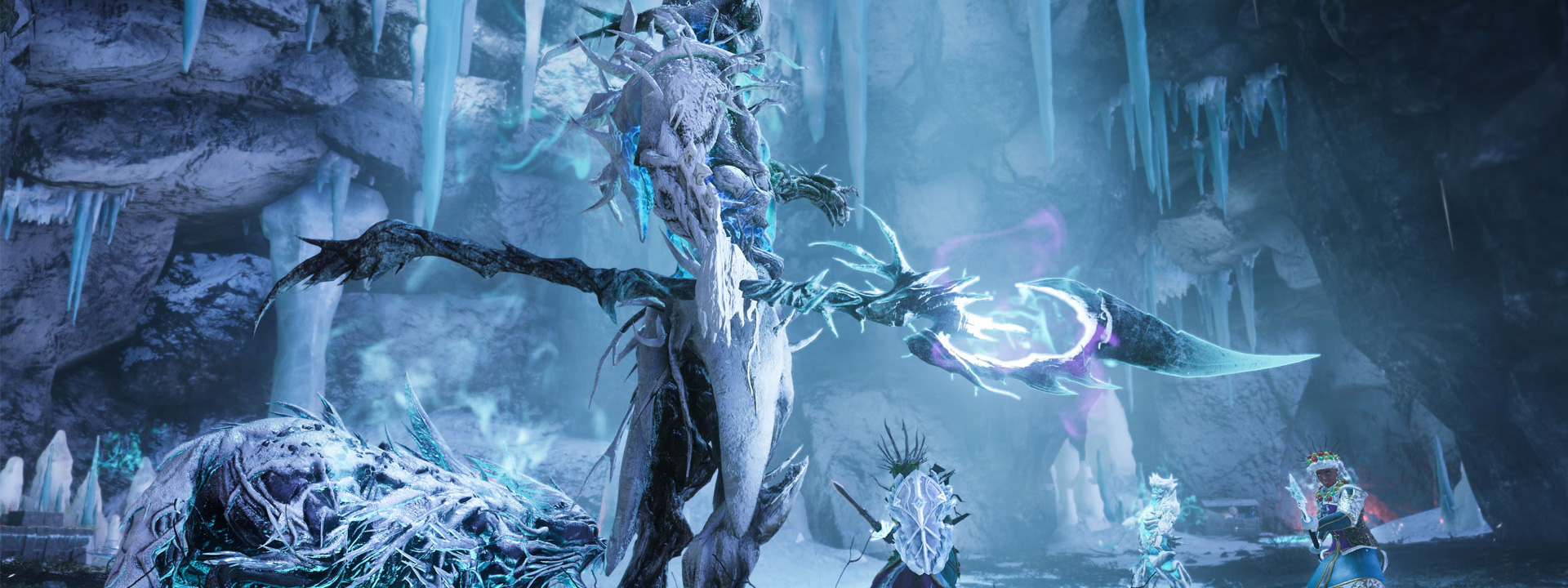 Several adventurers face off against wintry enemies in an icy cavern.