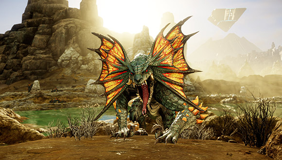 A large reptilian creature with colorful frill that comes off its neck walks toward the viewer, this mouth is open showing pointy teeth and a forked tongue. 