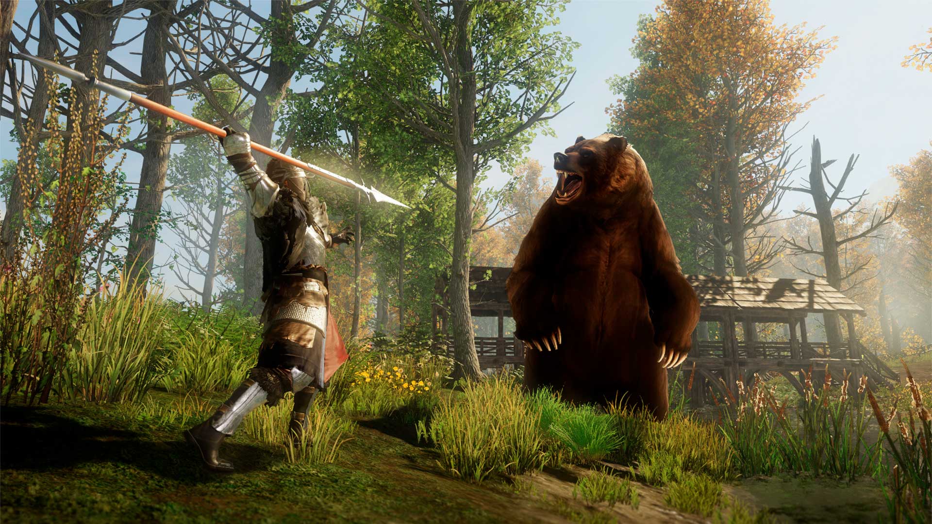 A speared explorer attacks a bear in the woods outside of a fort