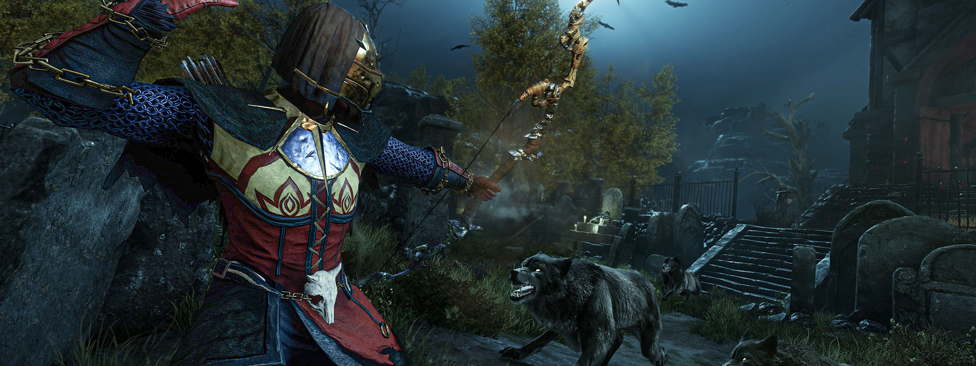 Une image représentant un combat au clair de lune. Un personnage vient de tirer une flèche sur le loup qu'il affronte.