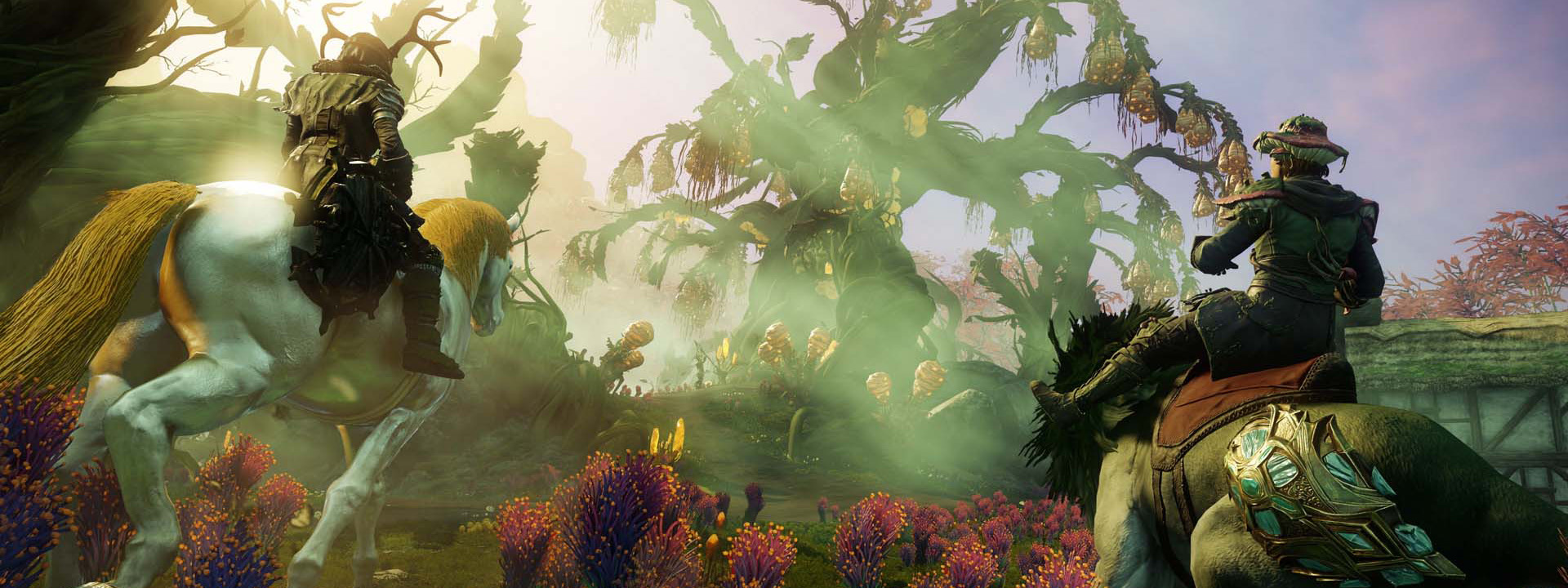 Two Adventurers ride through Elysian Wilds on Mounts, stopping in some unusual red flora.