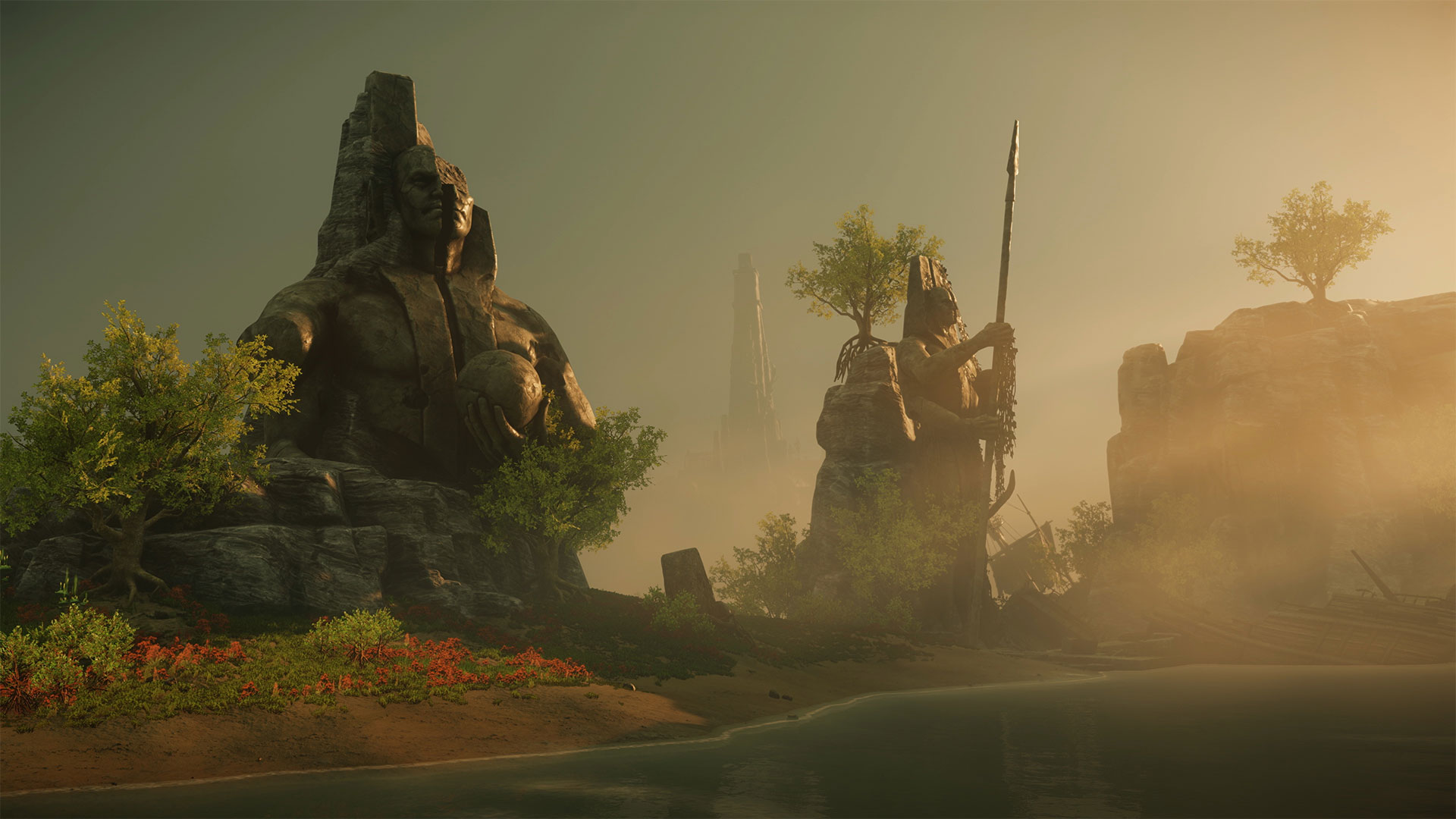 A beachfront on Aeternum. Huge statues loom over the rocky shore. 