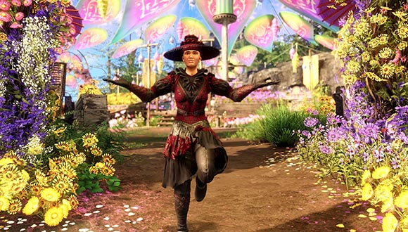 Uma aventureira de pé está cercada por flores amarelas e roxas com folhas arco-íris sobre sua cabeça. 