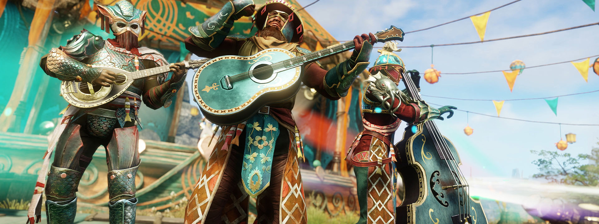 Un grupo de música está en pie frente una de las tiendas musicales del festival. Un personaje tiene un sitar; otro, una guitarra, y otro, una lubina grande.