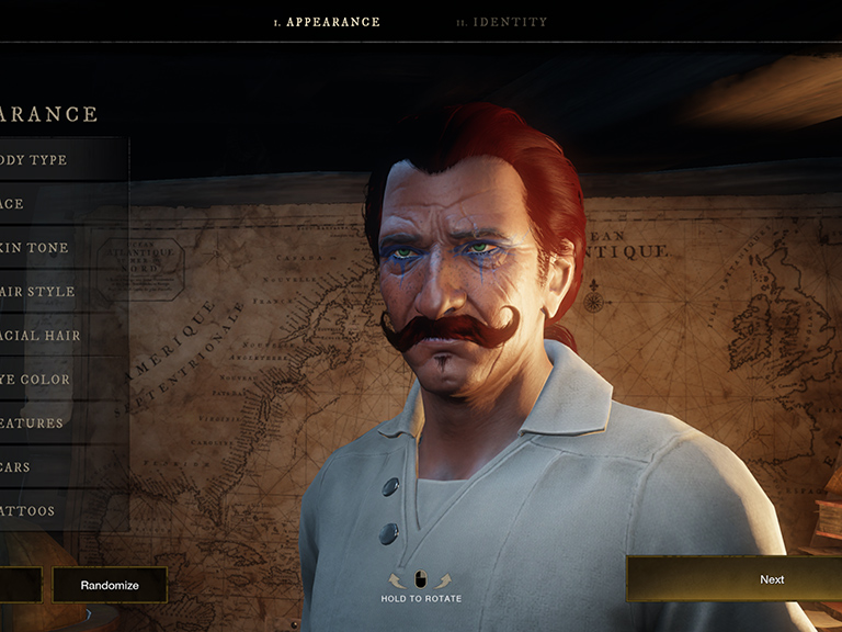 A screenshot of the character customization interface, showing a person with dark skin, blue tattoos under their eyes, and a handlebar moustache.