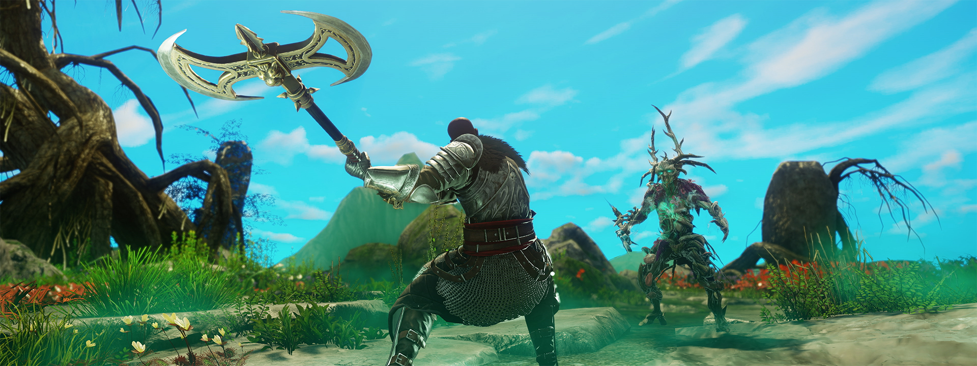 Uma captura de tela mostrando um jogador empunhando o novo Machadão em combate.