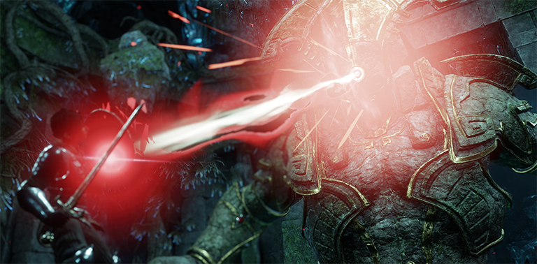Una captura de pantalla que muestra a un enorme bégimo de piedra que lanza rayos rojos de su placa frontal a un jugador que los desvía con su espada.