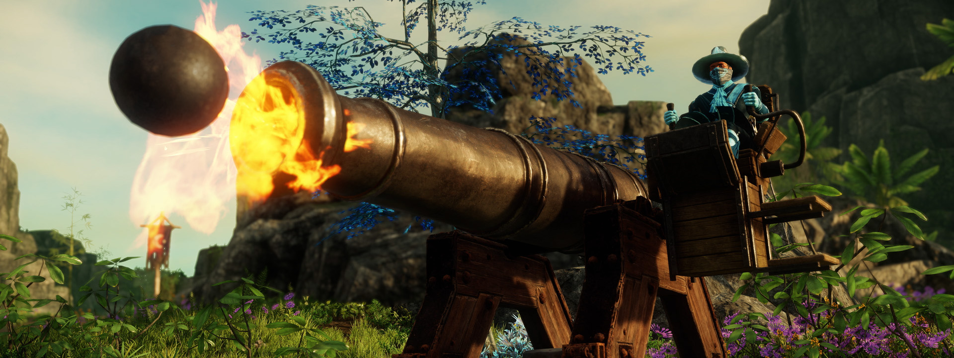 An adventurer fires a cannon turret in Outpost Rush