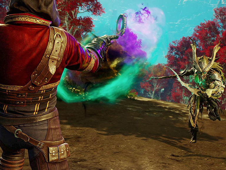 Three characters battle, the one on the left is shooting green and purple mist toward the one in the middle which who is running toward with a sword drawn, the third is standing ready with his weapon