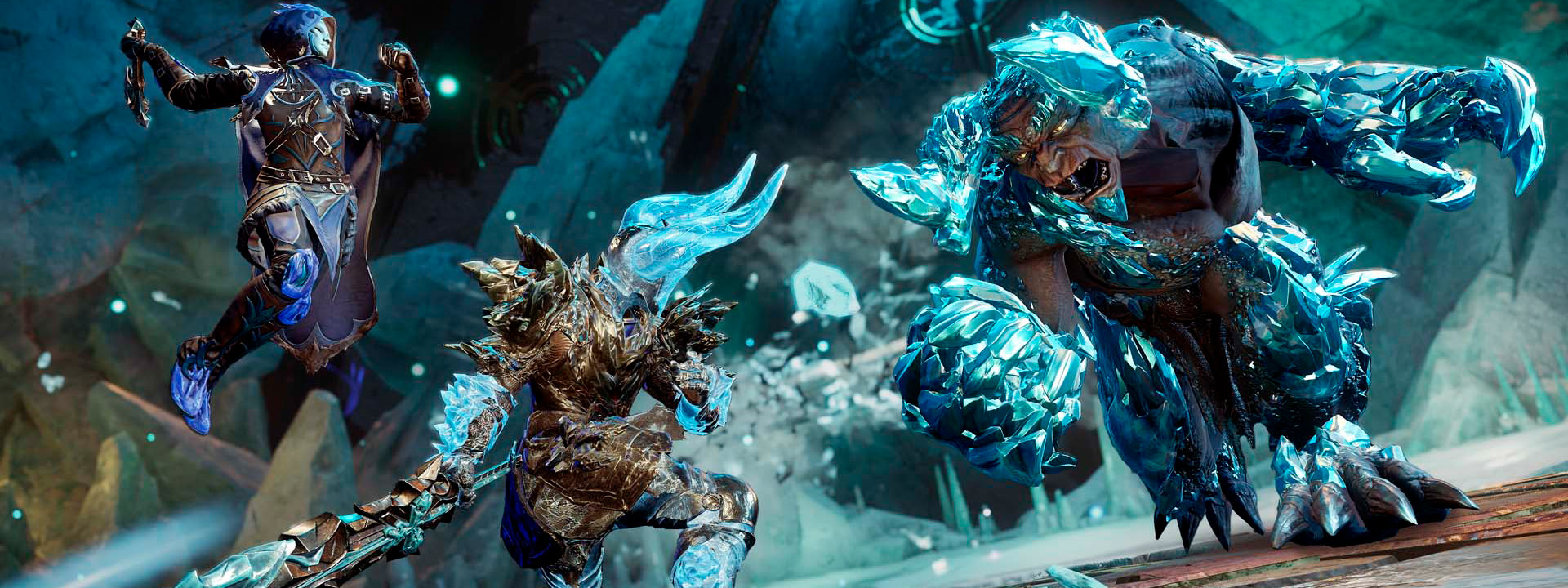 Aventureros luchan contra enemigos de hielo con varias armas en la expedición de Lago Glacial.