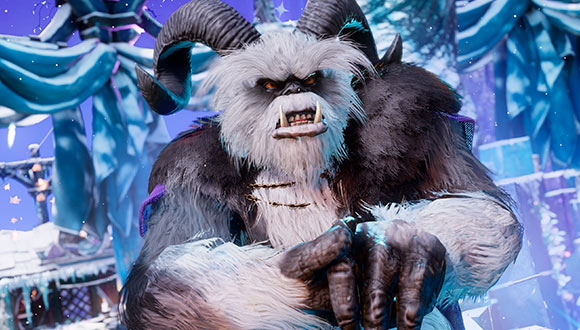 A furry yeti with large hands and horns that spiral backwards