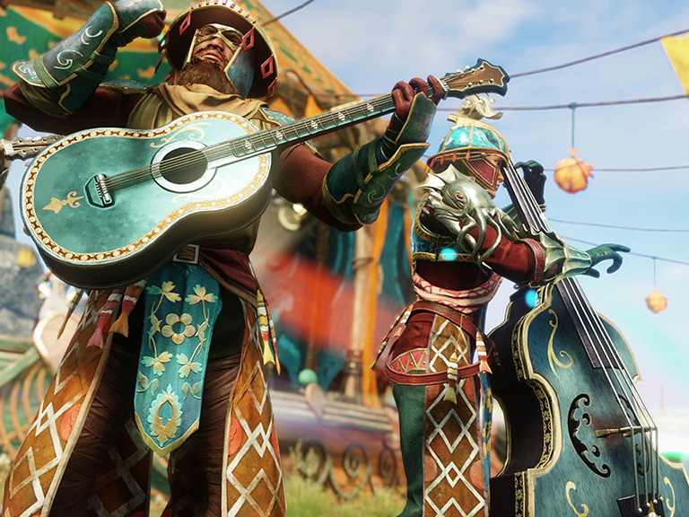 A band stands in front of a musical tent at the festival. One character holds a sitar, one a guitar, and one a large bass.