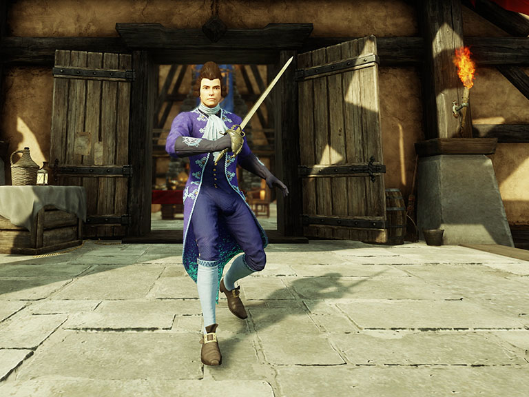 A screenshot of a man in fancy purple Regency-era clothes walking out of a building and holding his rapier up as if en garde.