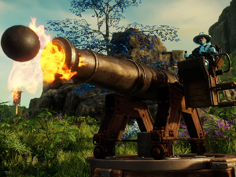 An adventurer fires a cannon turret in Outpost Rush