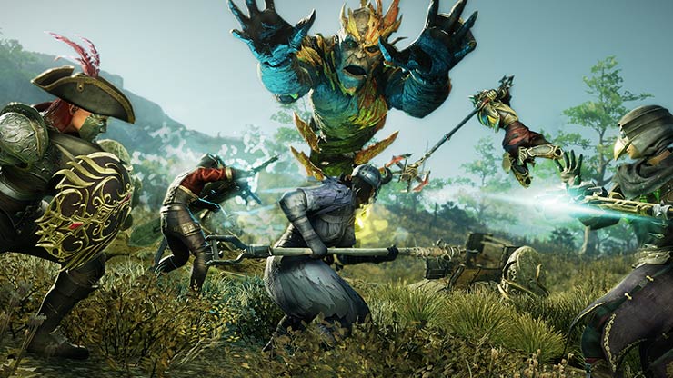 Cinco jugadores atacan a un jefe gigantesco durante un combate.