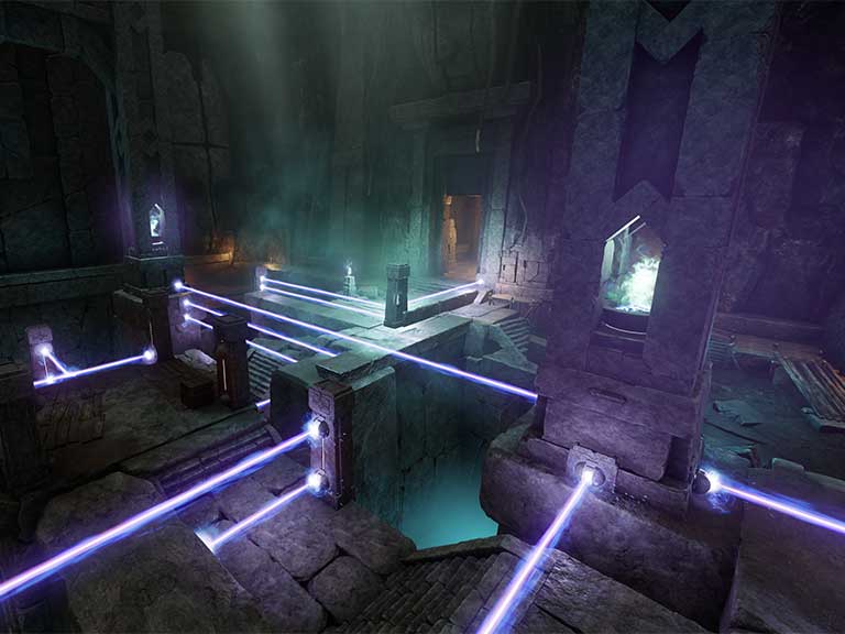 A puzzle room. Several stone towers have beams of light shooting out from one or more of their faces, creating a maze.