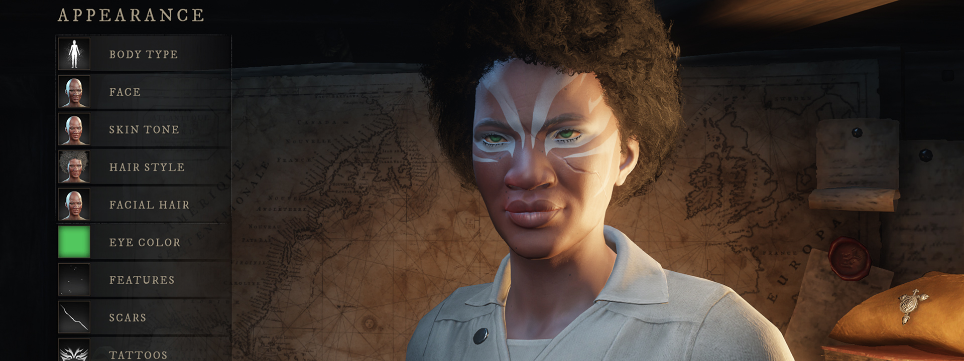 Una captura de pantalla de la interfaz de personalización de personajes, donde se ve a una persona de tez oscura y tatuajes de color azul claro alrededor de los ojos.