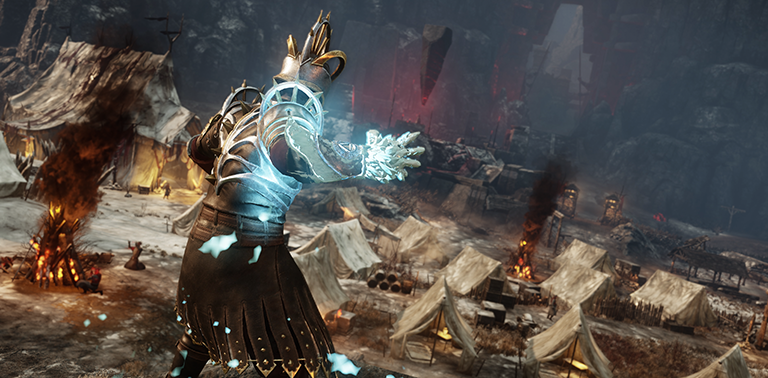A New World screenshot in which a character with the Ice Gauntlet equipped stands looking over a field of Corrupted tents. Their arm is glowing white-blue, as if they're about to unleash a spell.