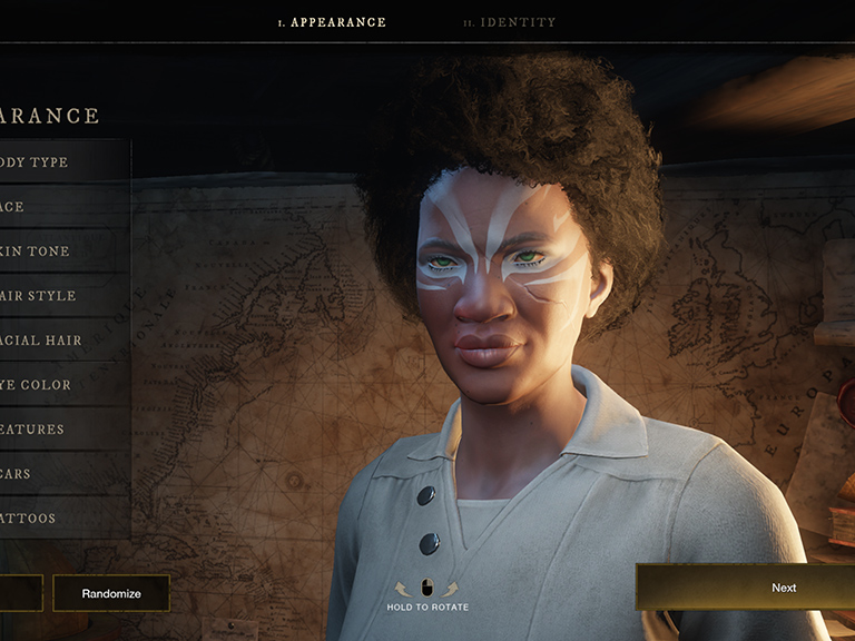 Una captura de pantalla de la interfaz de personalización de personajes en la que se ve a una persona de piel oscura con tatuajes de color celeste alrededor de sus ojos.